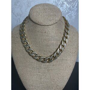 Chunky Gold Tone Cuban Link Chain Necklace Glitter Accents Statement Jewelry